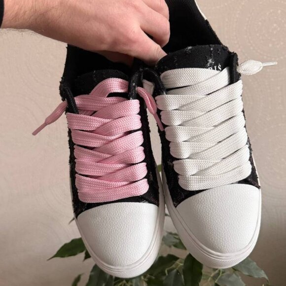 Black Pink Vintage Denim Platform Sneakers Distressed Wide Laces EU 44